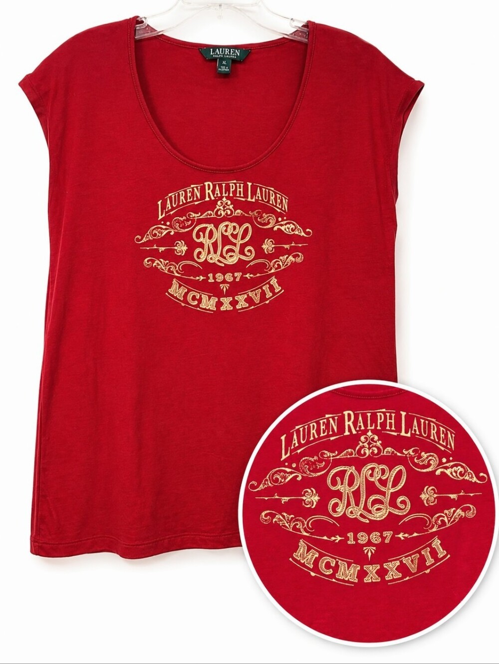 Lauren Ralph Lauren Red Gold Graphic Cap Sleeve Scoop Neck Top Women's M